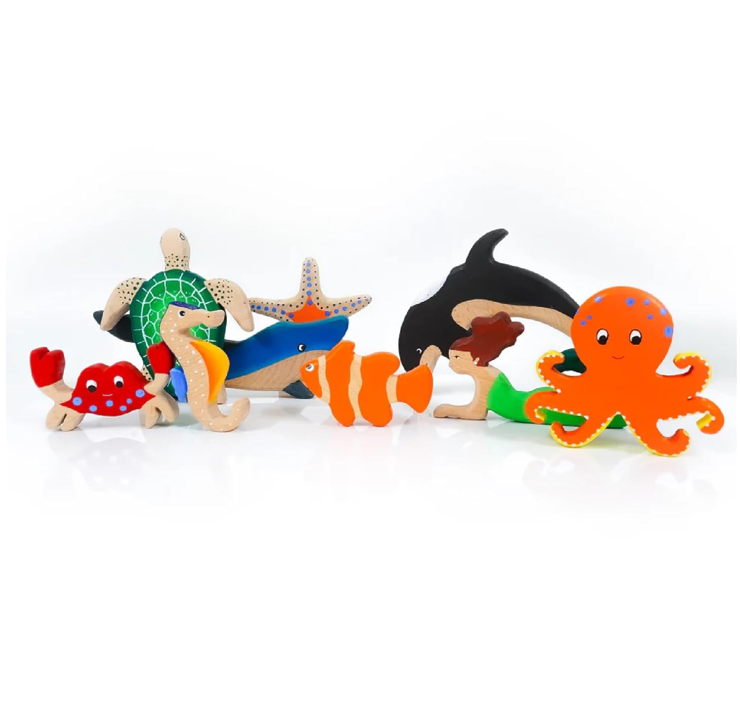 Wooden Ocean Animal Toys Set – Handcrafted Neem Wood Sea Creatures – Learning & Educational Toys on Brown Living™. SKU: sea - ani. Img 1.