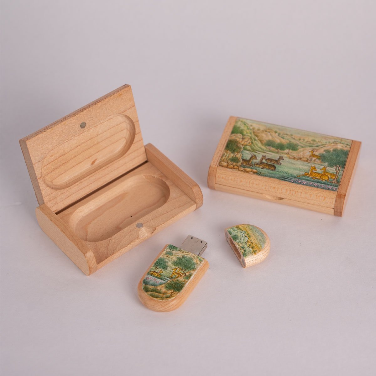 Wooden Pen drive Box Set with Hand Painted Miniature Art – Tech Accessories on Brown Living™. SKU: PN13024. Img 10.