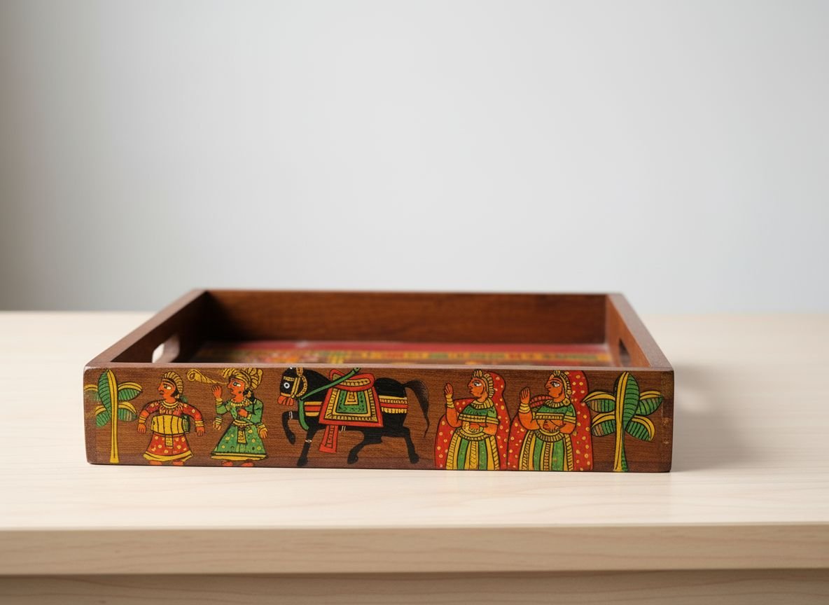 Wooden Phad Art Tray - Handpainted Serving Tray – Trays & Platters on Brown Living™. SKU: PDAMTYLGMC01. Img 4.