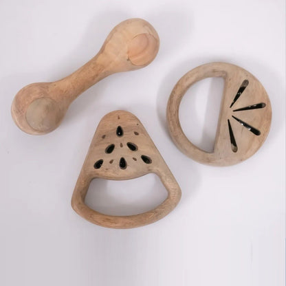 Wooden Rattle Set Baby Toy | Tangerine, Watermelon & Dumbbell – Baby Rattles on Brown Living™. SKU: TangerineWatermelonDumbbell. Img 1.