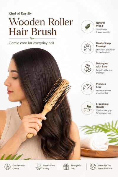 Wooden Round Brush with Flexible Bristles – Hair Brush on Brown Living™. SKU: KOE013-RHB. Img 3.