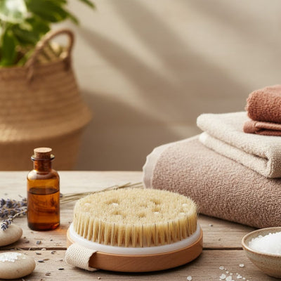Wooden Round Dry Brush with Massager | Dual - Action Body Brush – Body Scrub on Brown Living™. SKU: KOE-020-RB. Img 1.
