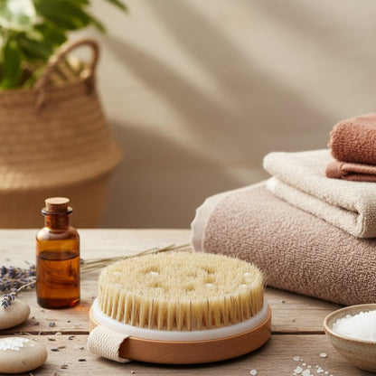 Wooden Round Dry Brush with Massager | Dual - Action Body Brush – Body Scrub on Brown Living™. SKU: KOE-020-RB. Img 1.