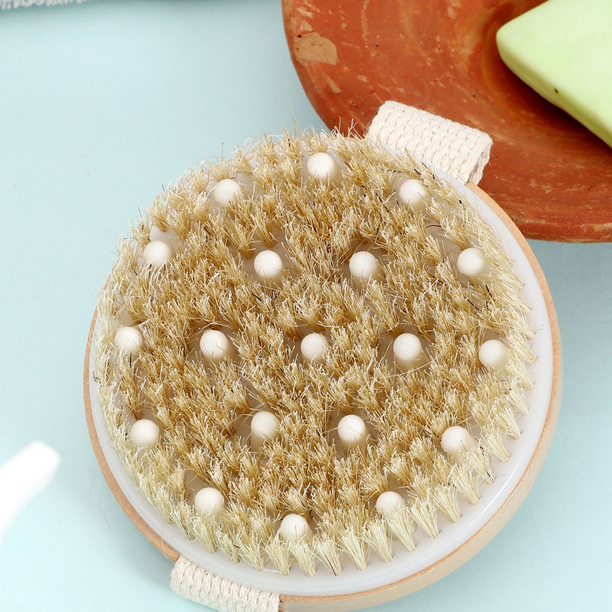 Wooden Round Dry Brush with Massager | Dual - Action Body Brush – Body Scrub on Brown Living™. SKU: KOE-020-RB. Img 4.