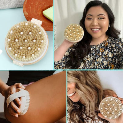 Wooden Round Dry Brush with Massager | Dual - Action Body Brush – Body Scrub on Brown Living™. SKU: KOE-020-RB. Img 3.