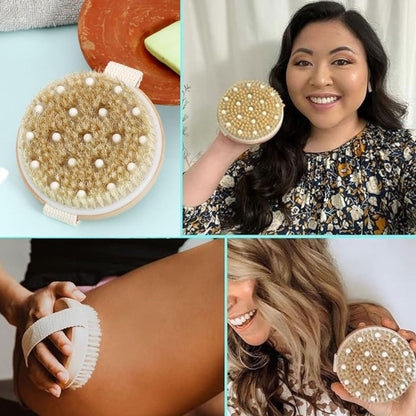 Wooden Round Dry Brush with Massager | Dual - Action Body Brush – Body Scrub on Brown Living™. SKU: KOE-020-RB. Img 3.