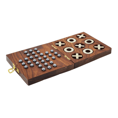 Wooden Tic Tac Toe & Solitaire Board Game | Travel Board Game – Learning & Educational Toys on Brown Living™. SKU: BLSC1108. Img 1.