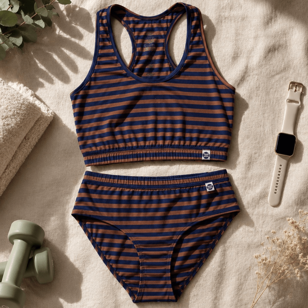Woodland Racerback Cotton Co-ord Lingerie Set – Womens Accessories on Brown Living™. SKU: Co-OrdChocoBrwnStrp-XS. Img 7.