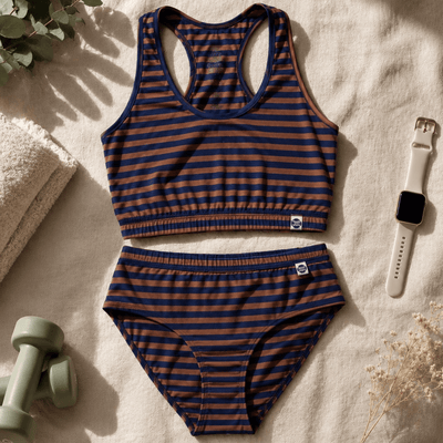 Woodland Racerback Cotton Co-ord Lingerie Set – Womens Accessories on Brown Living™. SKU: Co-OrdChocoBrwnStrp-XS. Img 7.