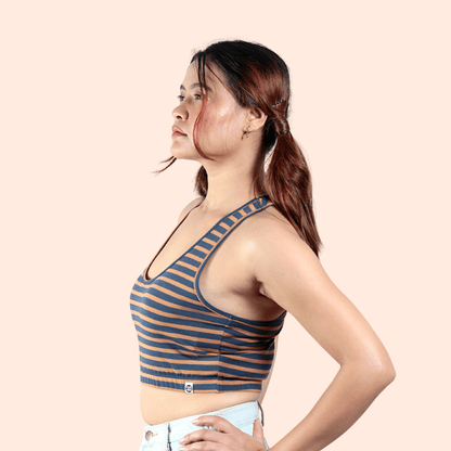 Woodland Striped Bralette | Handcrafted Sustainable Cotton Bralette – Womens Top on Brown Living™. SKU: 008RACERBACKBRWNNAVYSTRIPEXS. Img 6.