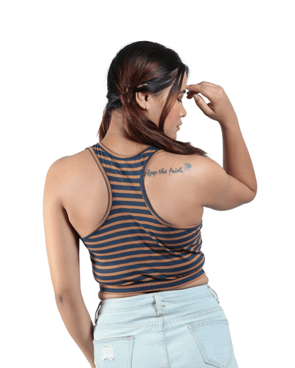 Woodland Striped Bralette | Handcrafted Sustainable Cotton Bralette – Womens Top on Brown Living™. SKU: 008RACERBACKBRWNNAVYSTRIPEXS. Img 12.