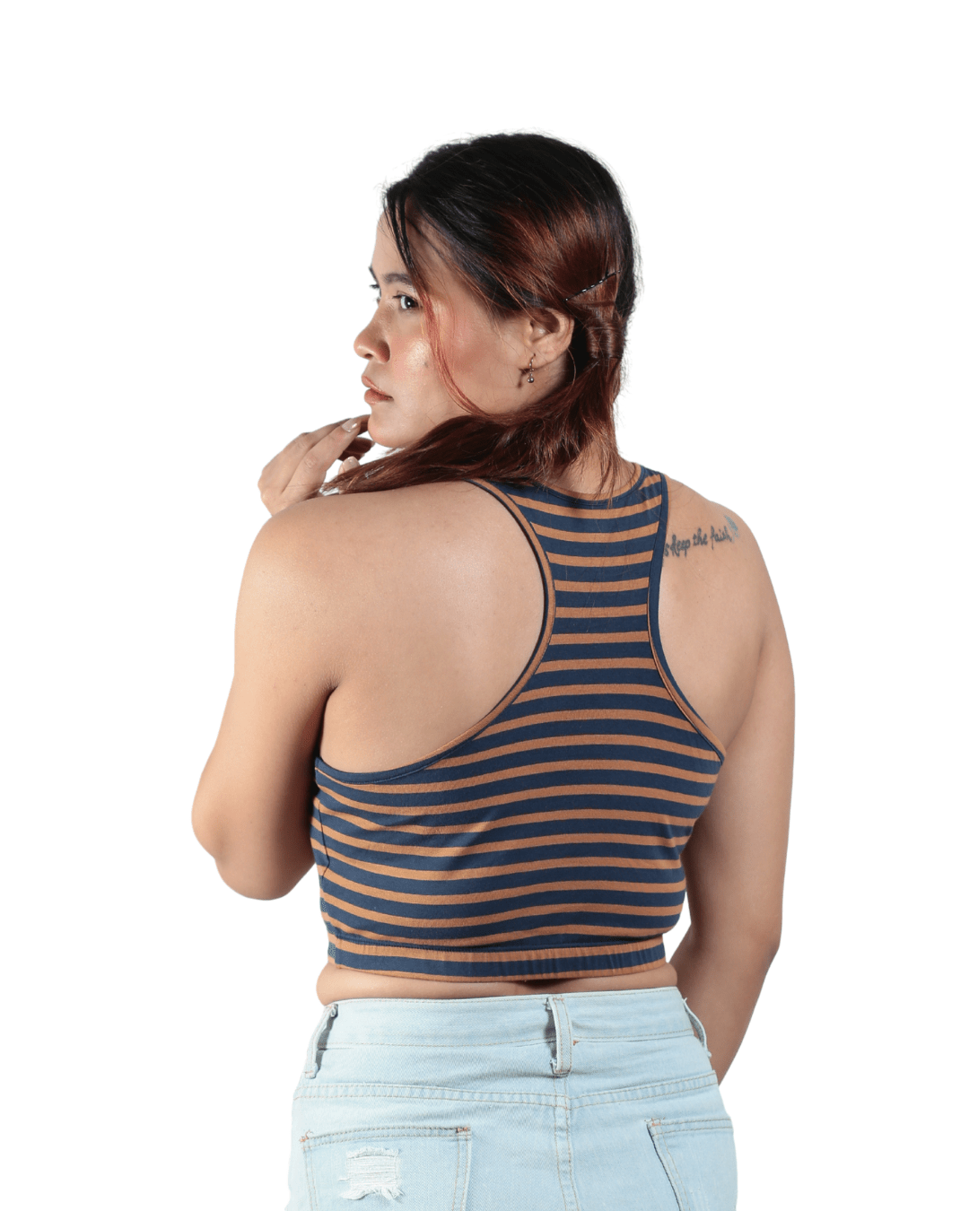 Woodland Striped Bralette | Handcrafted Sustainable Cotton Bralette – Womens Top on Brown Living™. SKU: 008RACERBACKBRWNNAVYSTRIPEXS. Img 8.