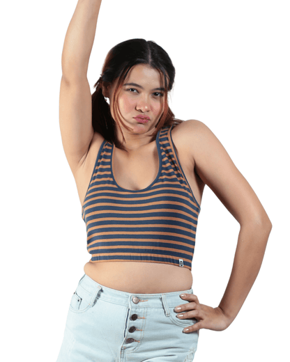 Woodland Striped Bralette | Handcrafted Sustainable Cotton Bralette – Womens Top on Brown Living™. SKU: 008RACERBACKBRWNNAVYSTRIPEXS. Img 10.