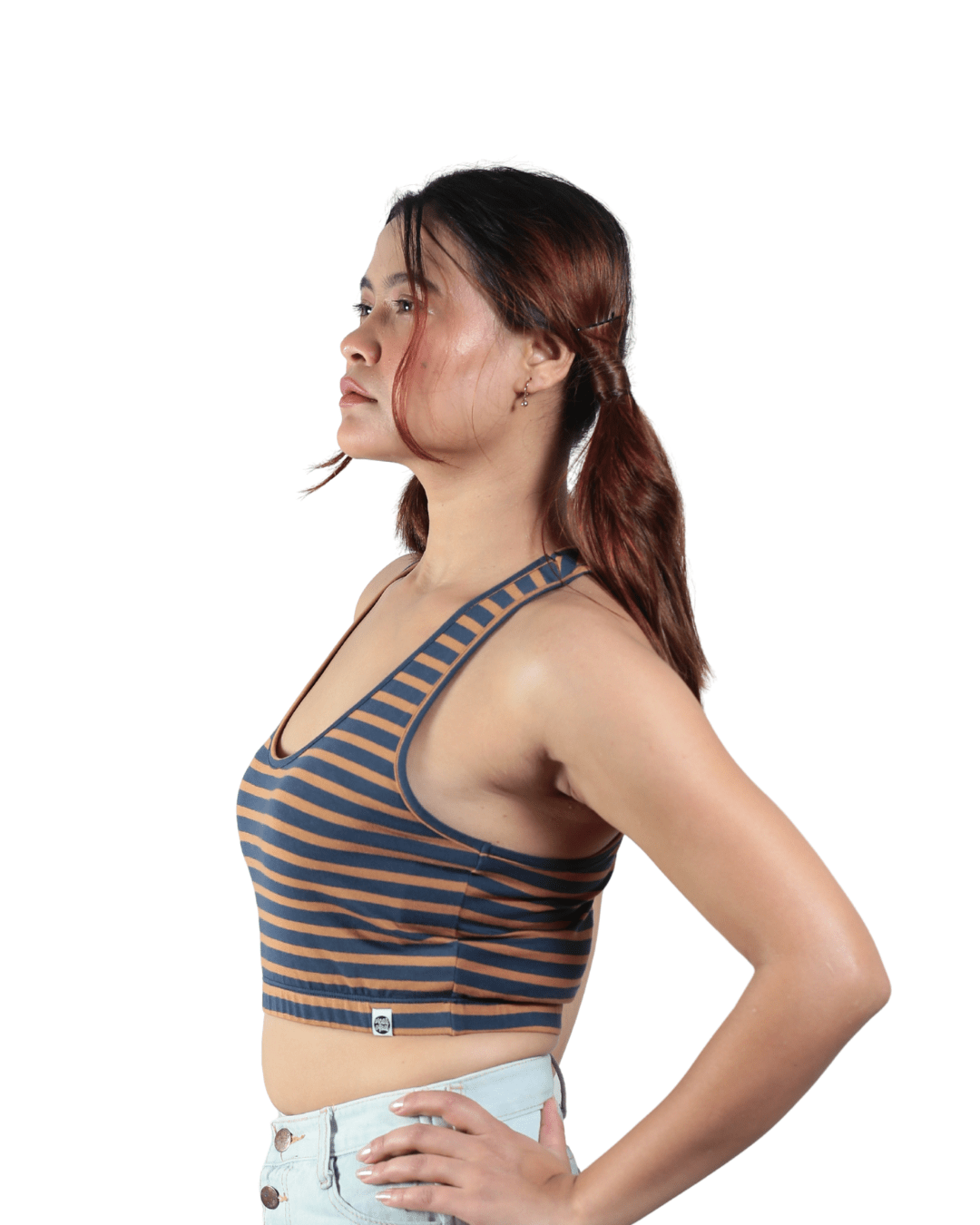 Woodland Striped Bralette | Handcrafted Sustainable Cotton Bralette – Womens Top on Brown Living™. SKU: 008RACERBACKBRWNNAVYSTRIPEXS. Img 7.