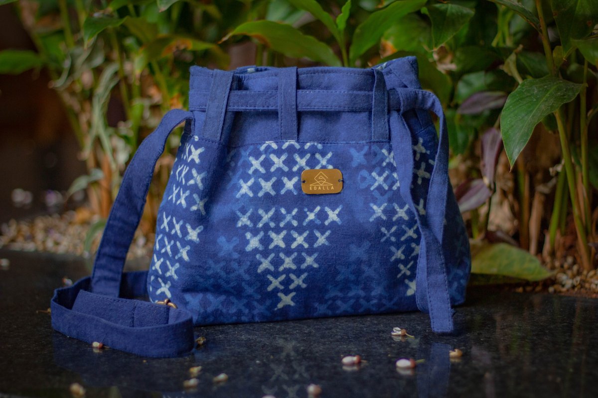 XO Indigo Bucket Bag – Eco - Friendly Handcrafted Cotton Bag – Bags by Edalla available on Brown Living™. . SKU: XO2. Img 1.