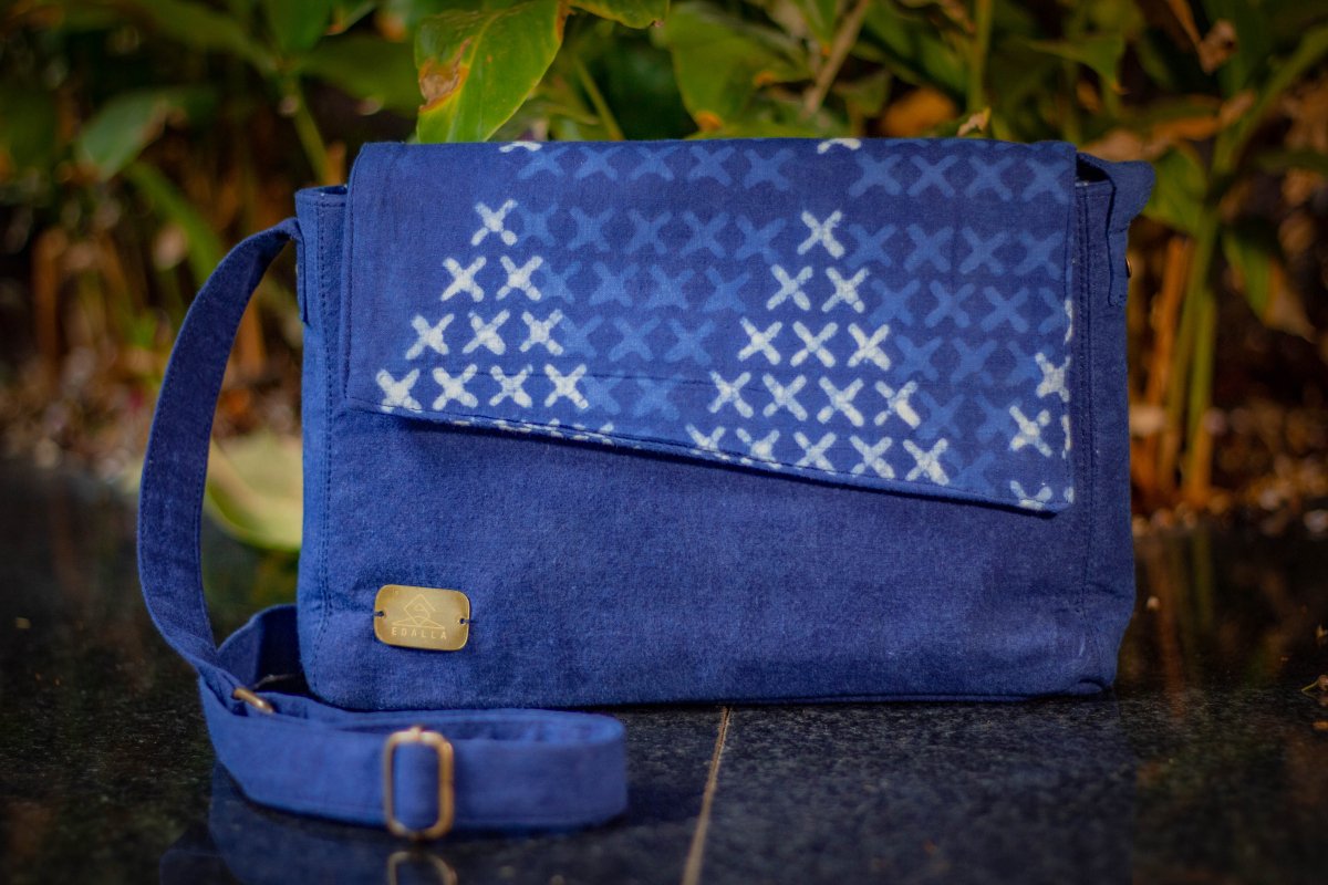 XO Indigo Sling – Eco - Friendly Handcrafted Cotton Bag – Bags by Edalla available on Brown Living™. . SKU: XO1. Img 1.