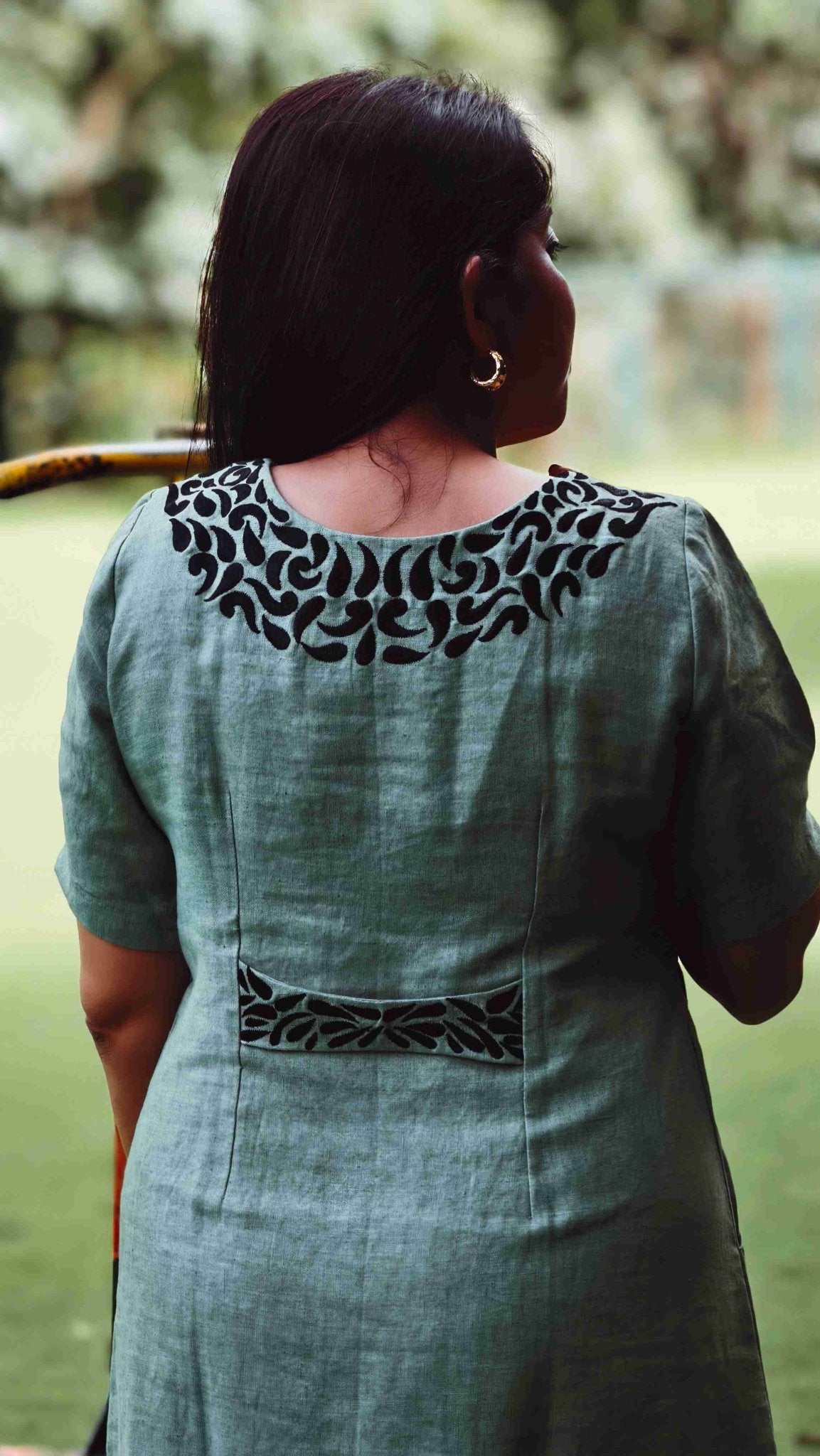 Yamika Sage Green Handloom Linen Dress With Black Embroidery – Womens Dress on Brown Living™. SKU: HD1011. Img 2.