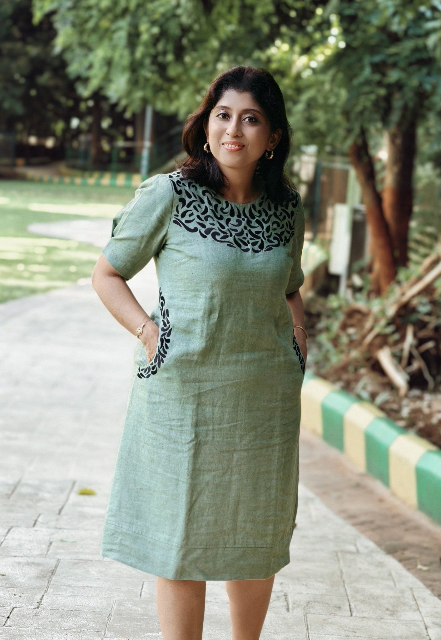 Yamika Sage Green Handloom Linen Dress With Black Embroidery – Womens Dress on Brown Living™. SKU: HD1011. Img 1.