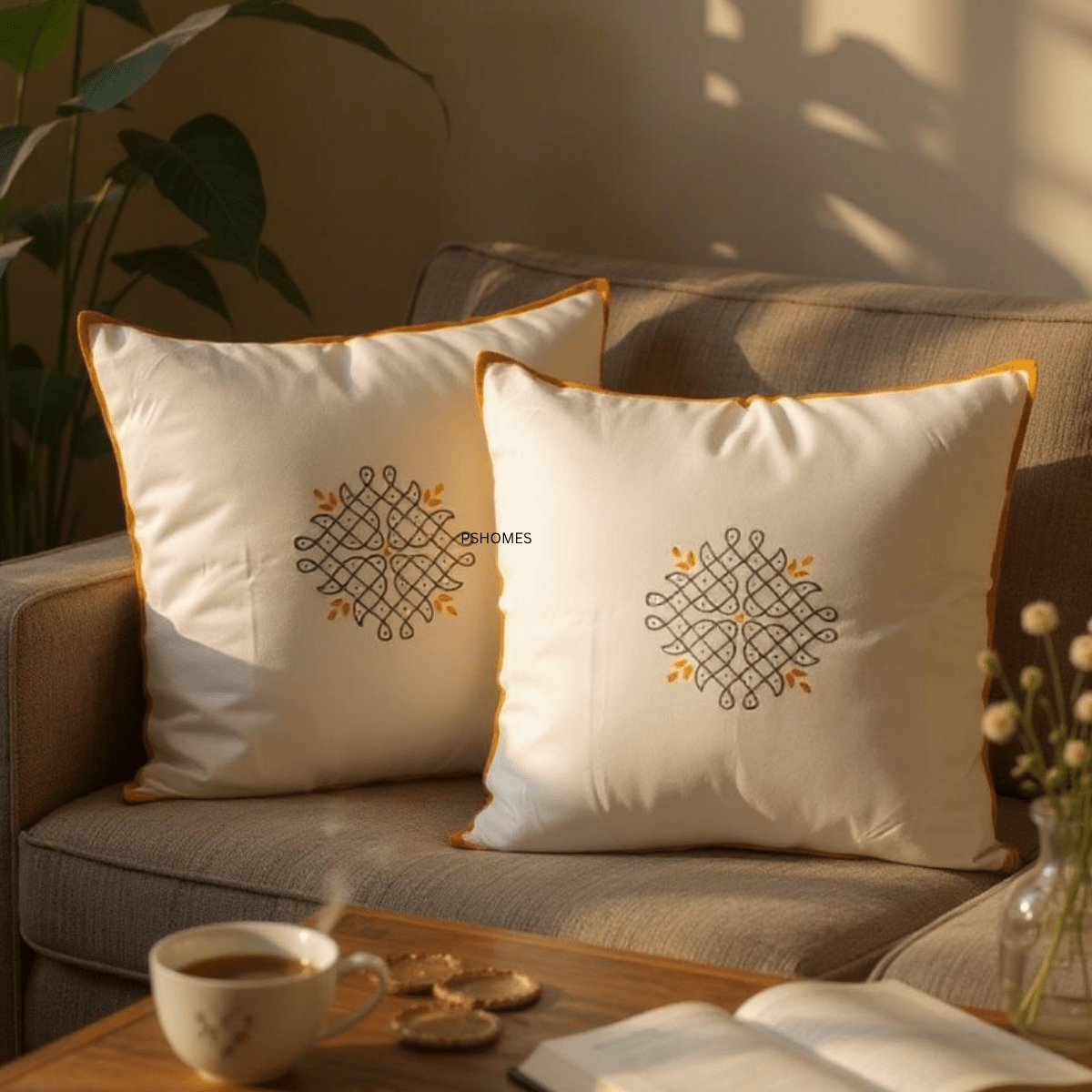 Yellow Chakra Cotton Cushion Covers Set of 2 – 24x24 inch – Covers & Inserts on Brown Living™. SKU: BL1 - CUSYKOLLAM24X24SET2. Img 1.