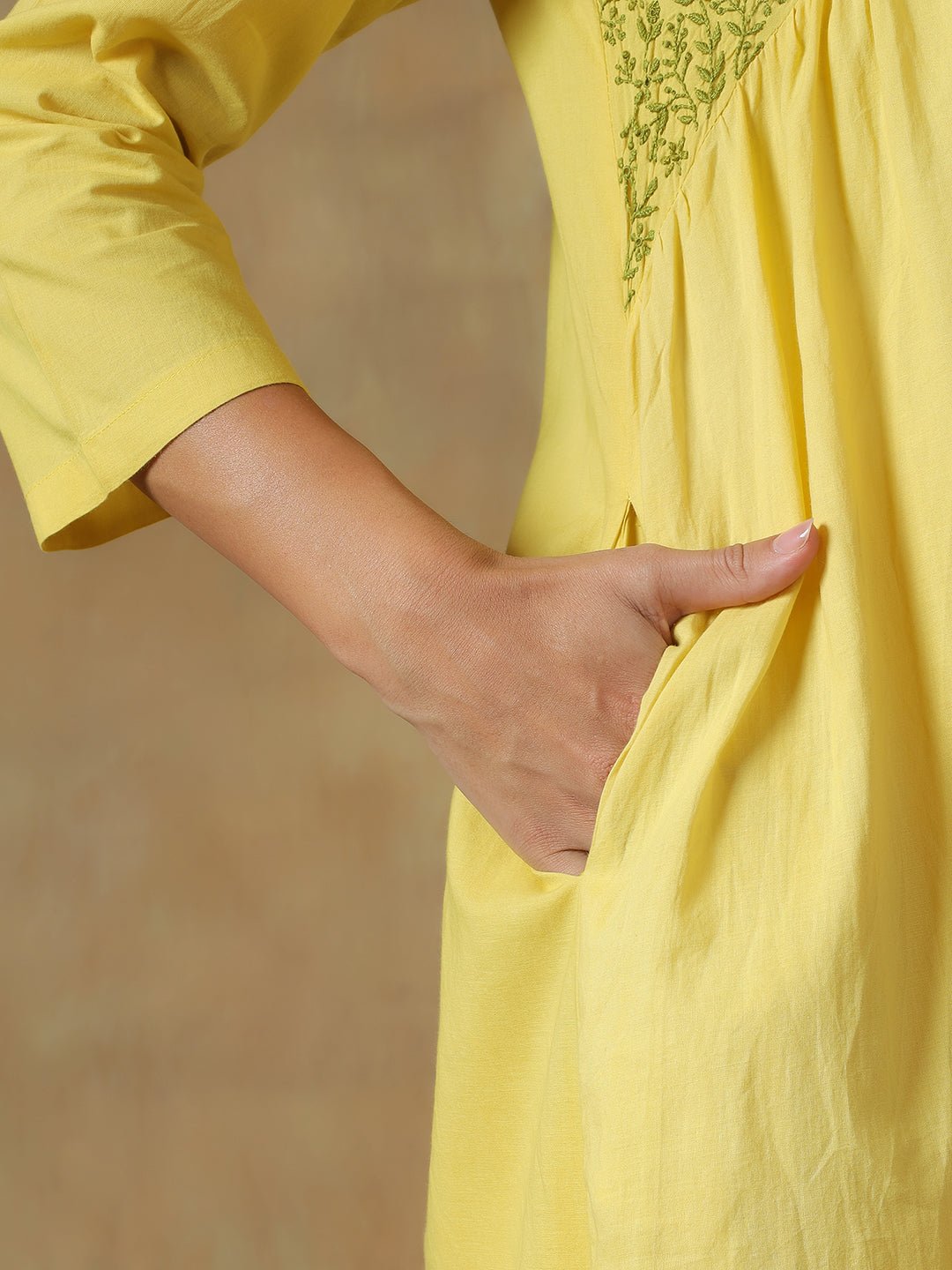 Yellow Cotton Chikankari Lucknowi Kurta Pant Set – Womens Kurta on Brown Living™. SKU: IHANKPS01SY. Img 3.