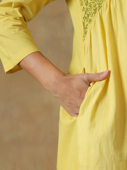 Yellow Cotton Chikankari Lucknowi Kurta Pant Set – Womens Kurta on Brown Living™. SKU: IHANKPS01SY. Img 3.