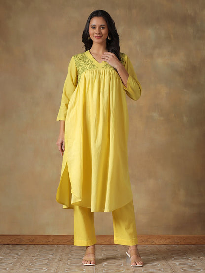 Yellow Cotton Chikankari Lucknowi Kurta Pant Set – Womens Kurta on Brown Living™. SKU: IHANKPS01SY. Img 6.