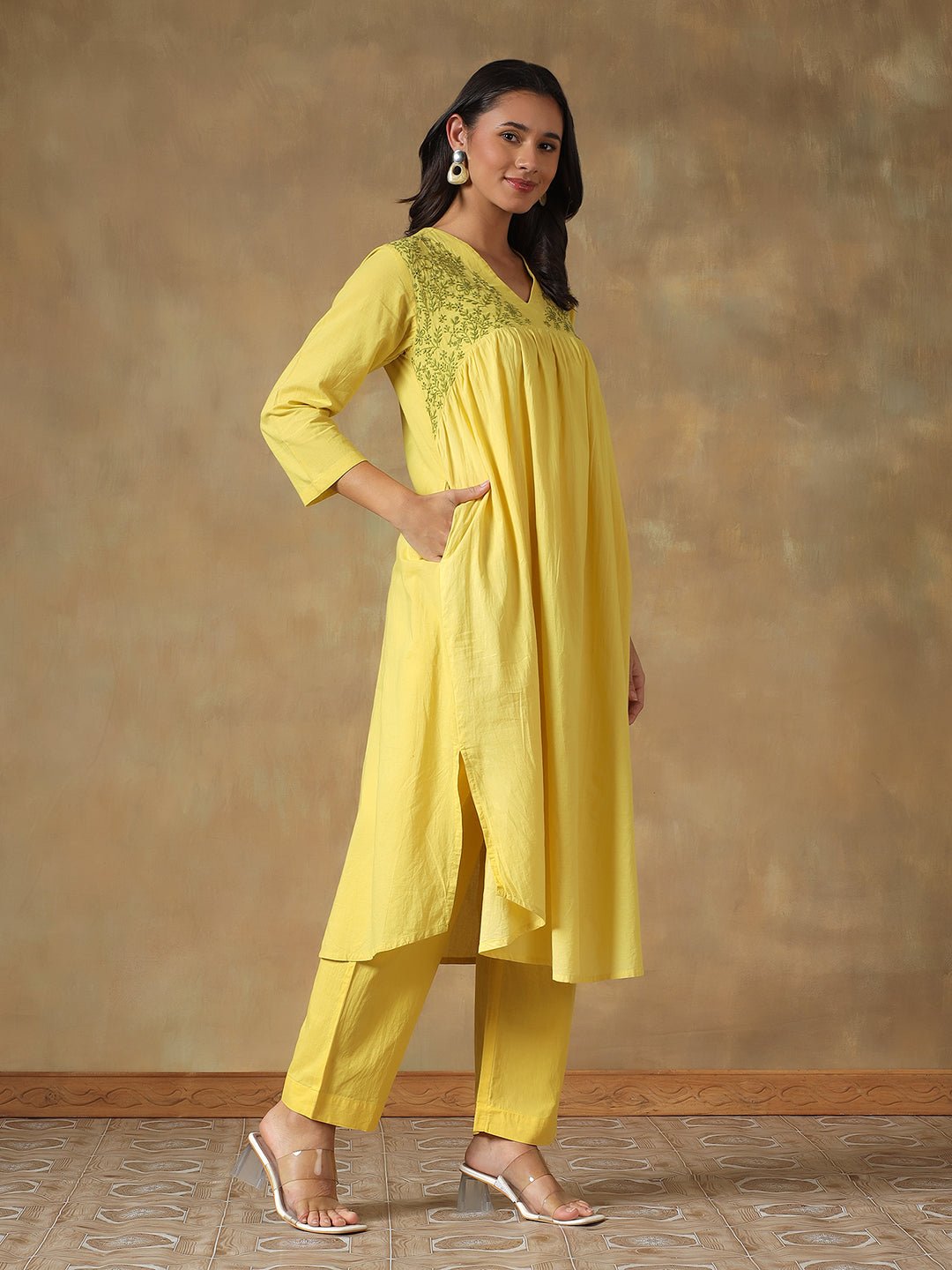 Yellow Cotton Chikankari Lucknowi Kurta Pant Set – Womens Kurta on Brown Living™. SKU: IHANKPS01SY. Img 4.