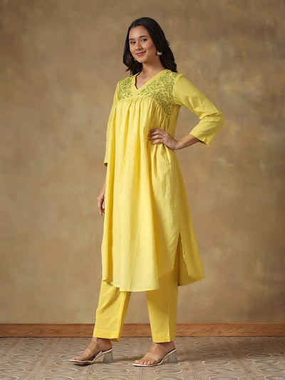 Yellow Cotton Chikankari Lucknowi Kurta Pant Set – Womens Kurta on Brown Living™. SKU: IHANKPS01SY. Img 7.