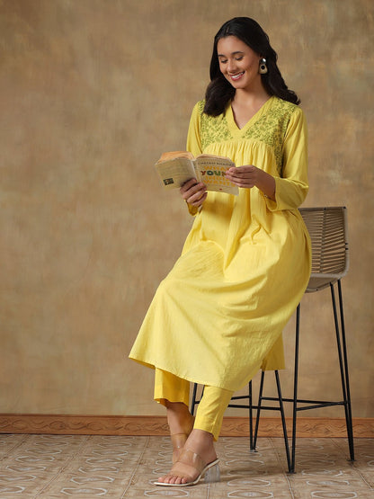 Yellow Cotton Chikankari Lucknowi Kurta Pant Set – Womens Kurta on Brown Living™. SKU: IHANKPS01SY. Img 1.