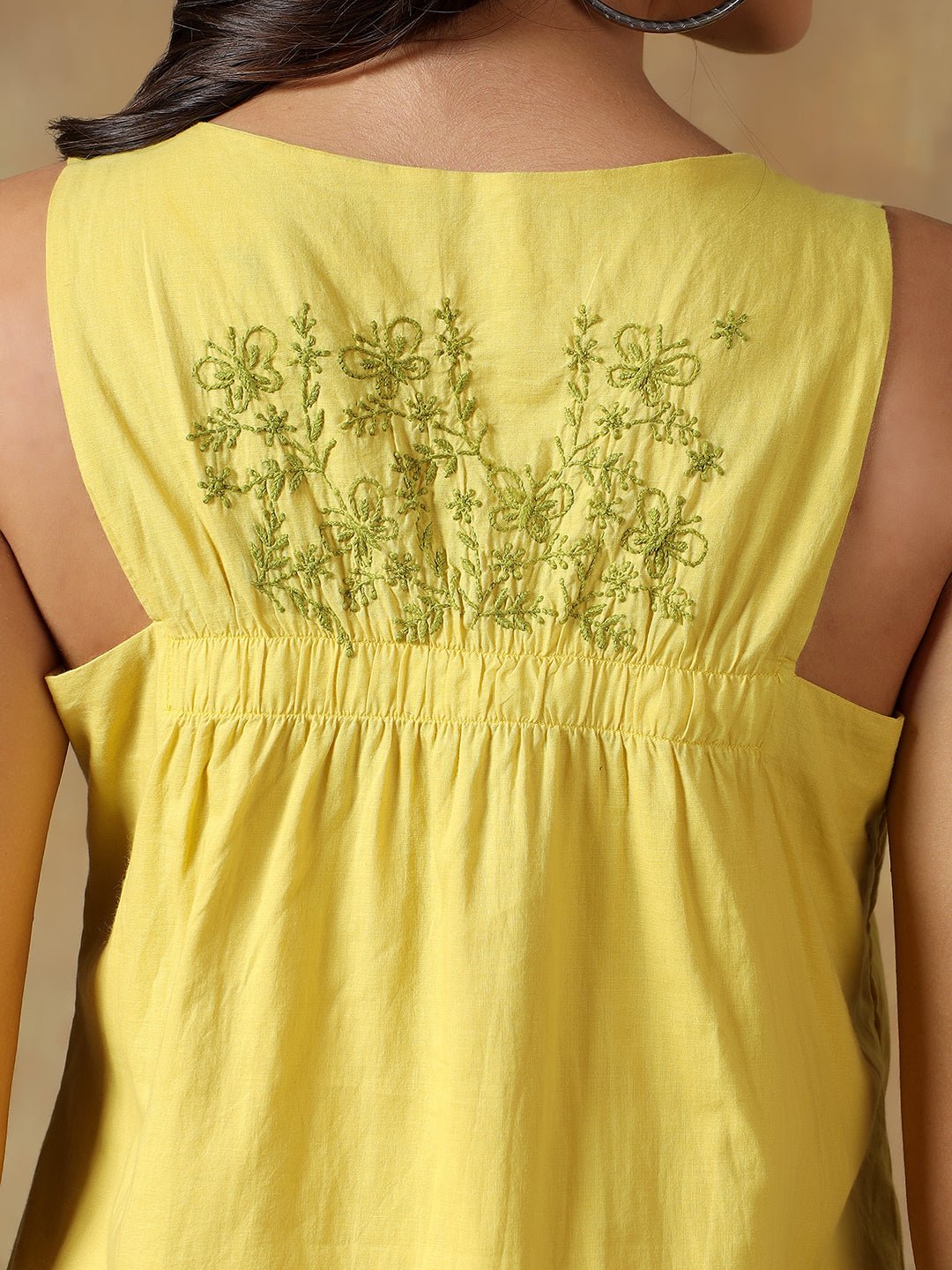 Yellow Cotton Handcrafted Chikankari Racerback Dress – Womens Dress on Brown Living™. SKU: IHAND01SY. Img 5.