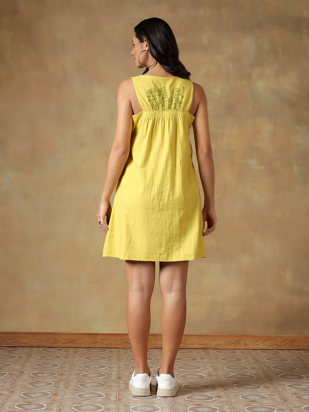 Yellow Cotton Handcrafted Chikankari Racerback Dress – Womens Dress on Brown Living™. SKU: IHAND01SY. Img 4.