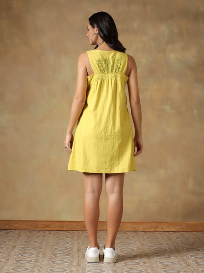 Yellow Cotton Handcrafted Chikankari Racerback Dress – Womens Dress on Brown Living™. SKU: IHAND01SY. Img 4.