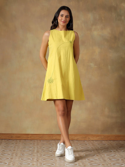 Yellow Cotton Handcrafted Chikankari Racerback Dress – Womens Dress on Brown Living™. SKU: IHAND01SY. Img 1.