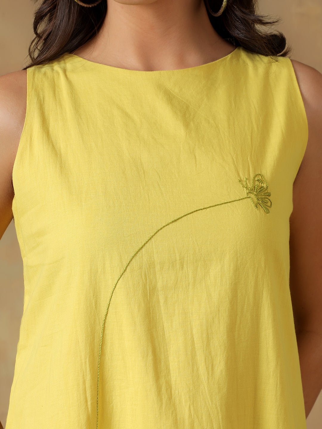 Yellow Cotton Handcrafted Chikankari Racerback Dress – Womens Dress on Brown Living™. SKU: IHAND01SY. Img 7.