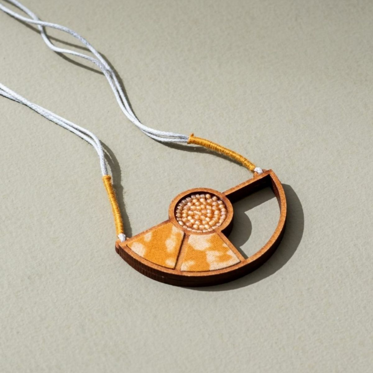 Yellow Geometrical Repurposed Fabric & Wood Pendant Earrings Combo – Womens Earrings on Brown Living™. SKU: JCC044. Img 3.