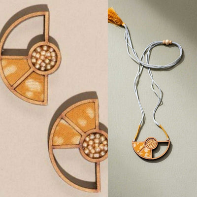 Yellow Geometrical Repurposed Fabric & Wood Pendant Earrings Combo – Womens Earrings on Brown Living™. SKU: JCC044. Img 1.