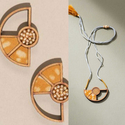 Yellow Geometrical Repurposed Fabric & Wood Pendant Earrings Combo – Womens Earrings on Brown Living™. SKU: JCC044. Img 1.