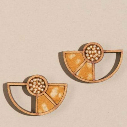 Yellow Geometrical Repurposed Fabric & Wood Pendant Earrings Combo – Womens Earrings on Brown Living™. SKU: JCC044. Img 4.