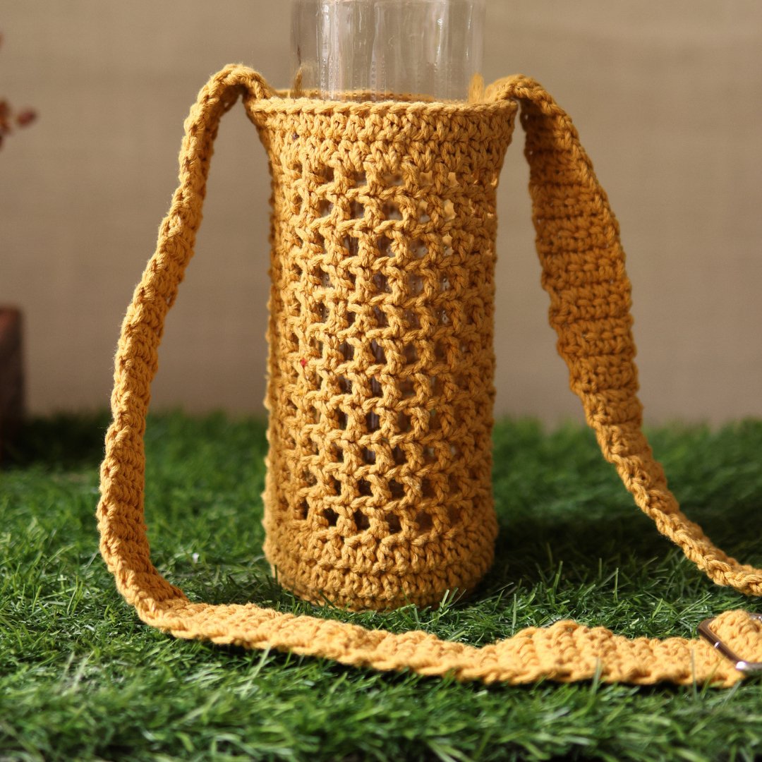 Yellow Handmade Crochet Sling Bottle Cover | Verified Sustainable by Brown Living™