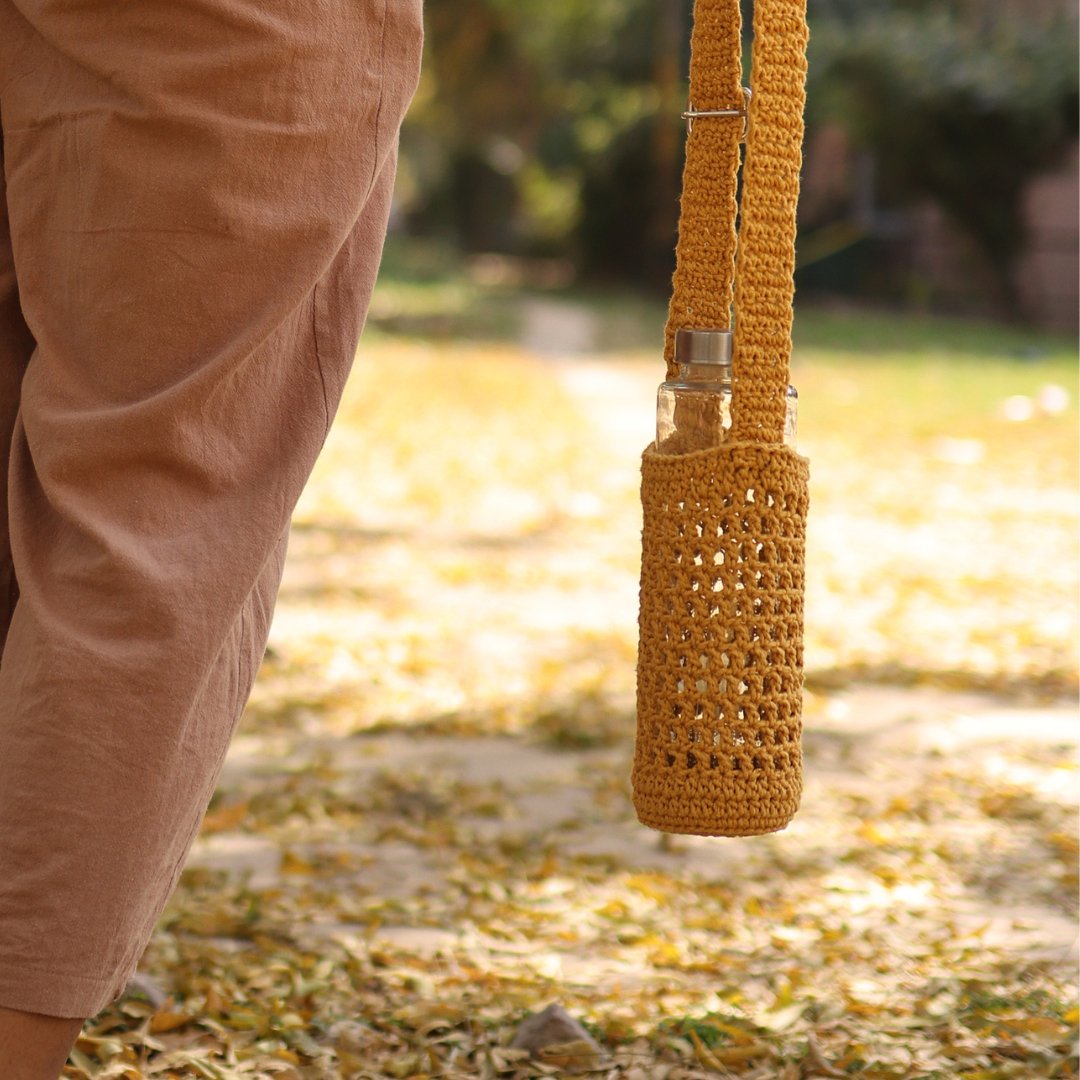 Yellow Handmade Crochet Sling Bottle Cover | Verified Sustainable by Brown Living™