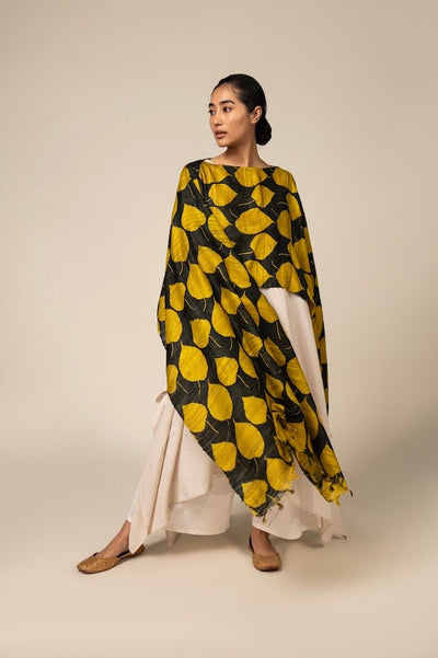 Yellow Leaf Tussar Peace Silk 3 in 1 Cape – Womens Kaftan on Brown Living™. SKU: NAECAP06. Img 4.