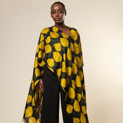 Yellow Leaf Tussar Peace Silk 3 in 1 Cape – Womens Kaftan on Brown Living™. SKU: NAECAP06. Img 1.