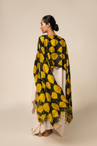 Yellow Leaf Tussar Peace Silk 3 in 1 Cape – Womens Kaftan on Brown Living™. SKU: NAECAP06. Img 3.