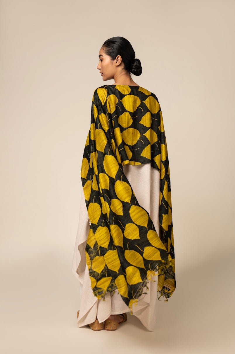 Yellow Leaf Tussar Peace Silk 3 in 1 Cape – Womens Kaftan on Brown Living™. SKU: NAECAP06. Img 3.