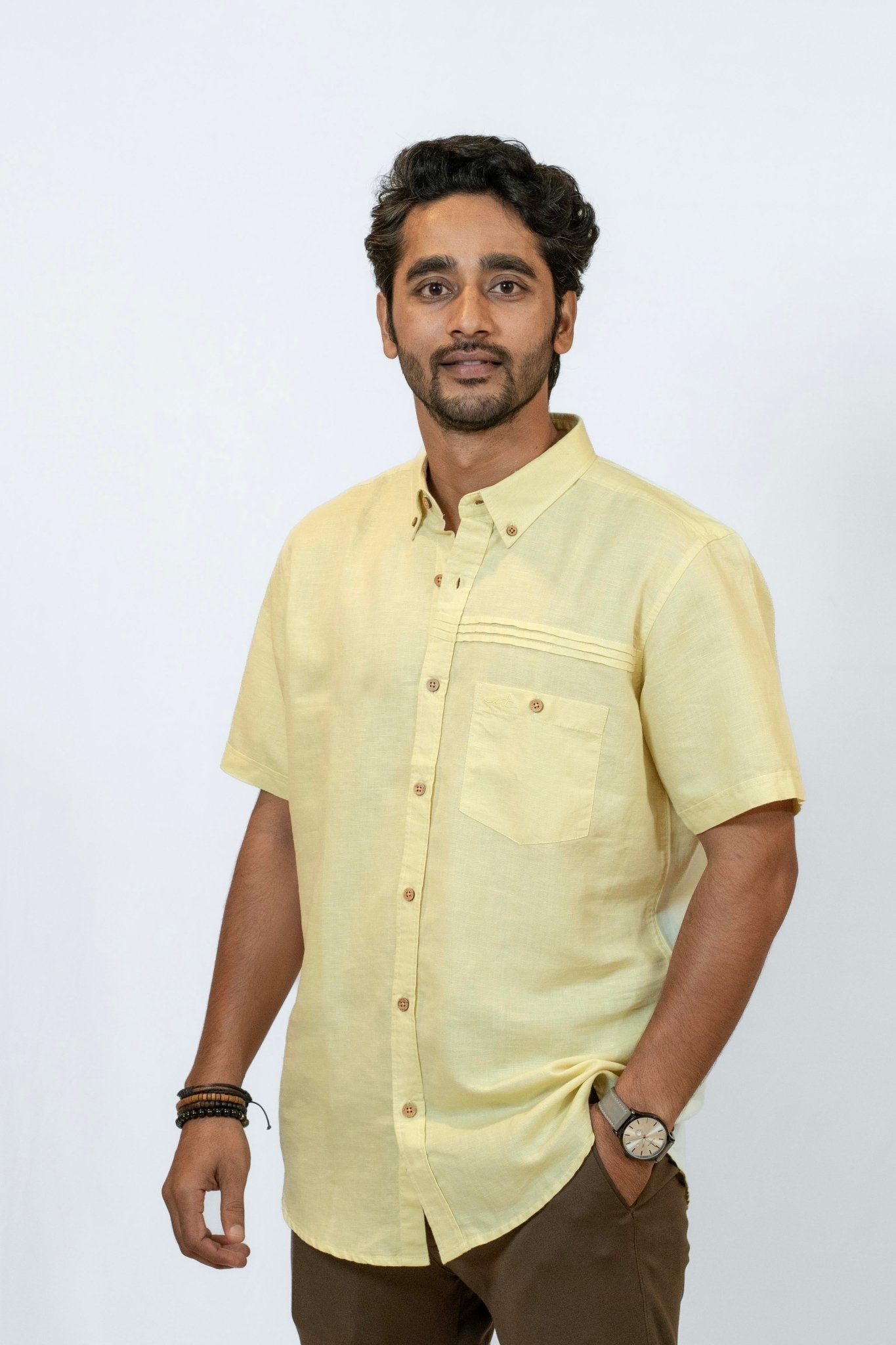 Yellow Linen Cotton Classic Half - Sleeved Shirt for Men – Mens Shirt on Brown Living™. SKU: ANTLCCLFYSS. Img 1.