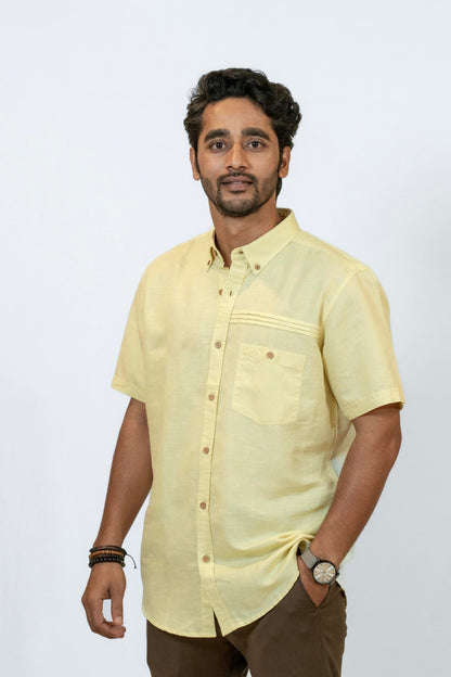 Yellow Linen Cotton Classic Half - Sleeved Shirt for Men – Mens Shirt on Brown Living™. SKU: ANTLCCLFYSS. Img 1.