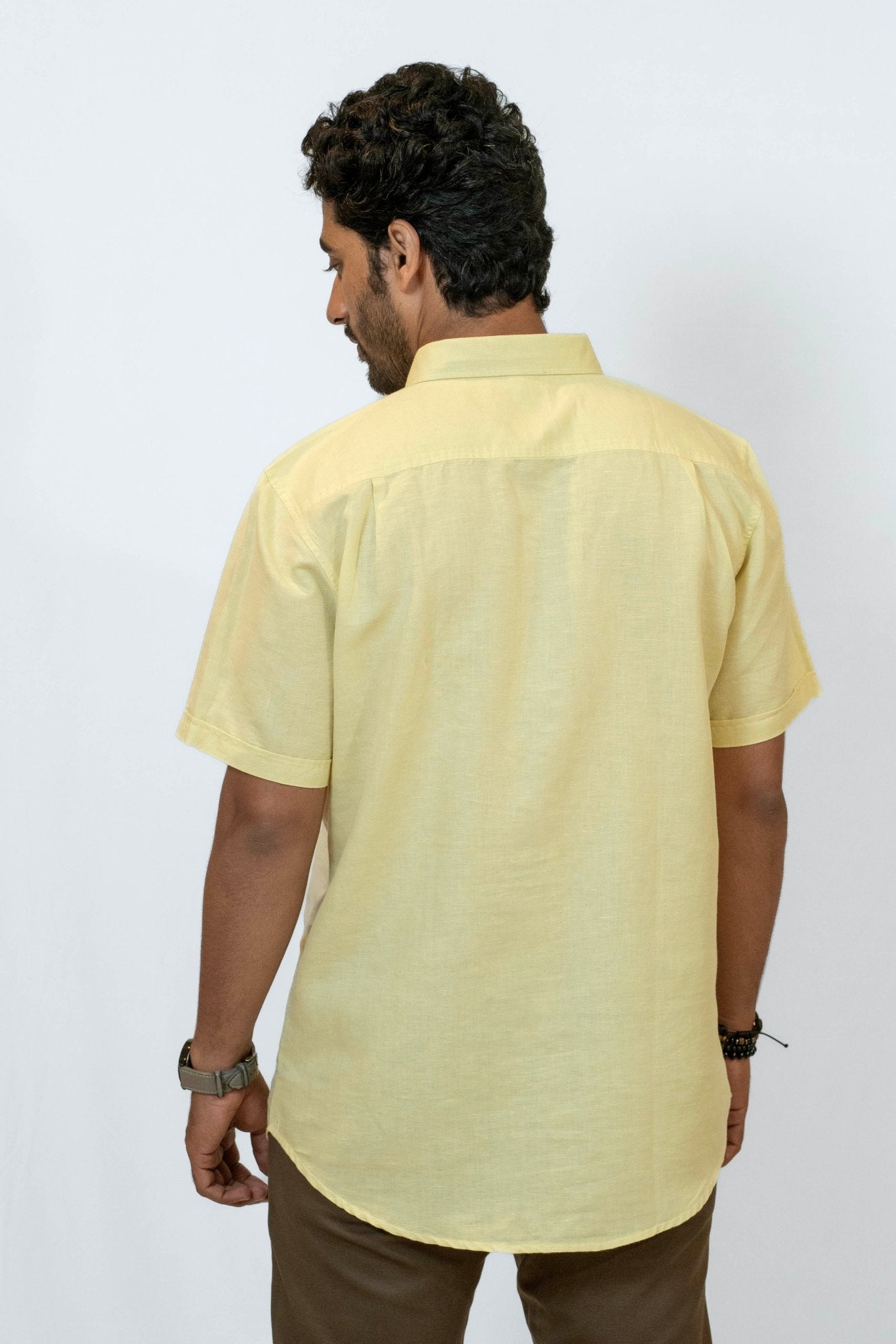 Yellow Linen Cotton Classic Half - Sleeved Shirt for Men – Mens Shirt on Brown Living™. SKU: ANTLCCLFYSS. Img 3.