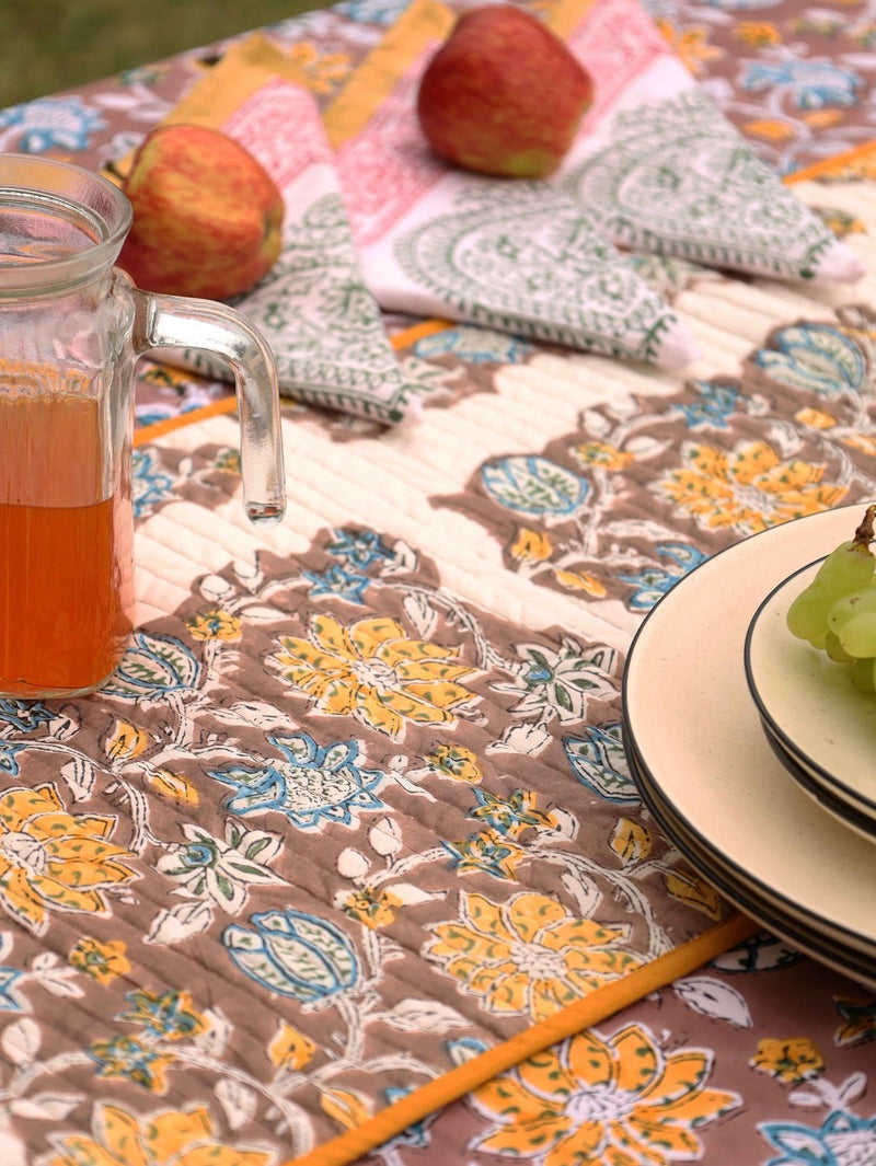 Yellow Ochre Organic Cotton Table Cover - Indian Floral Design | Verified Sustainable Table Linens on Brown Living™