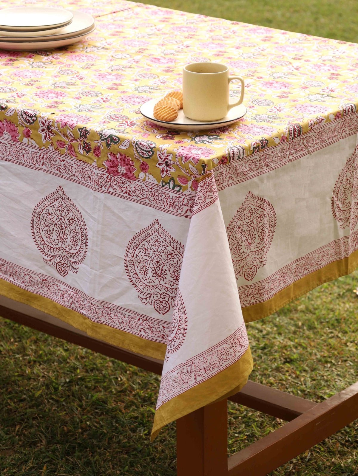 Yellow Ochre Organic Cotton Table Cover - Indian Floral Design | Verified Sustainable by Brown Living™