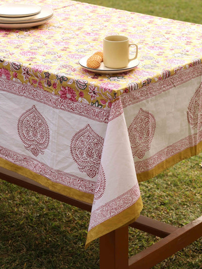 Yellow Ochre Organic Cotton Table Cover - Indian Floral Design | Verified Sustainable by Brown Living™